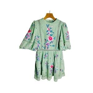 ASOS Embroidered Sage Green Coastal FLORAL Mini Cottagecore Peasant Dress SZ M